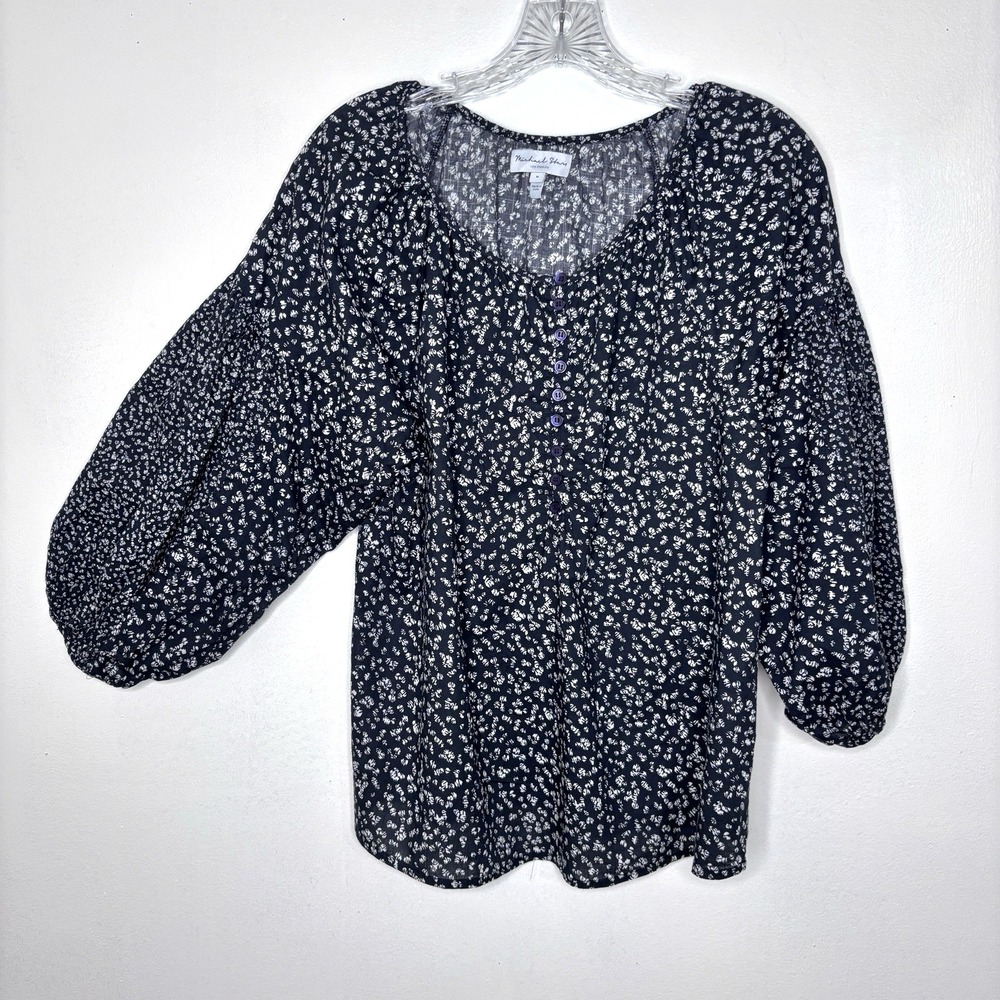 Michael Stars Blouse Womens Medium Black White Print Henley Boho Peasant Casual